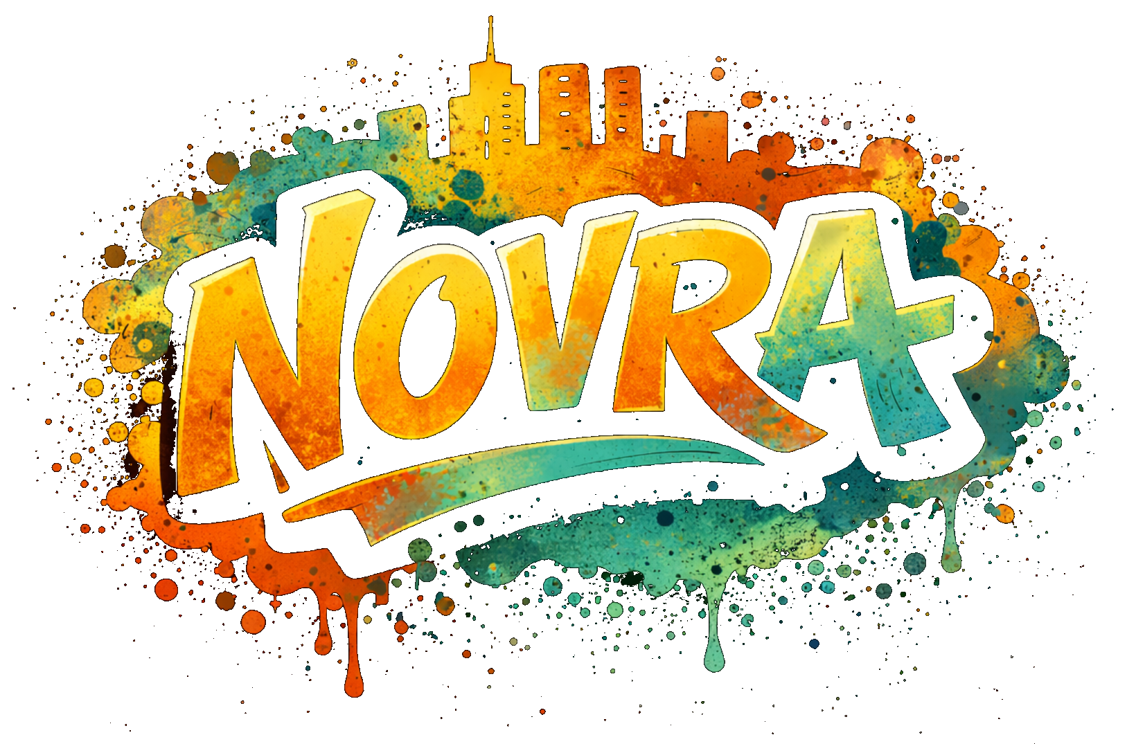 Logo, Novra, bunt, Skyline im Hintergrund